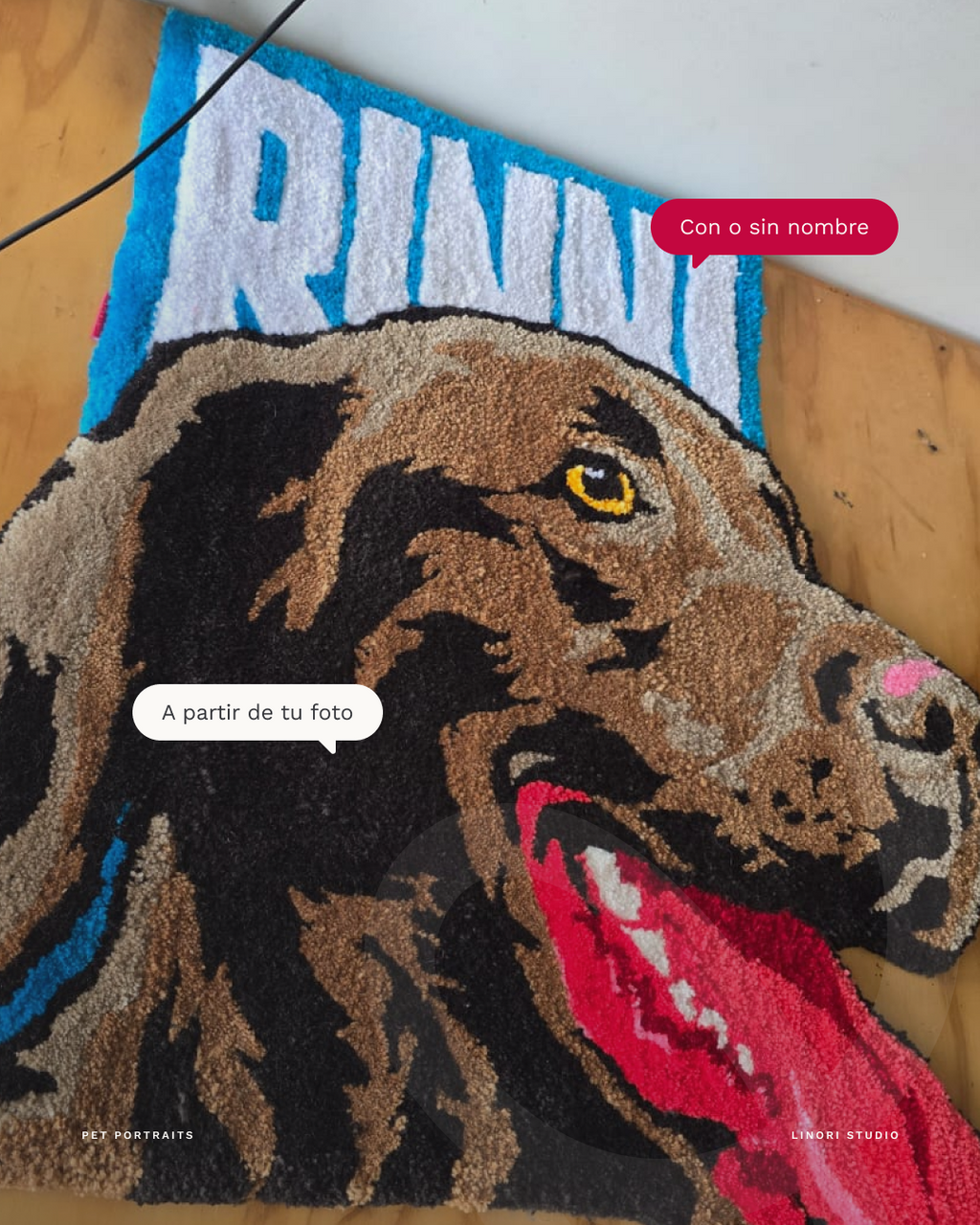 Tapete personalizado con retrato de un perro en diseño tufted.