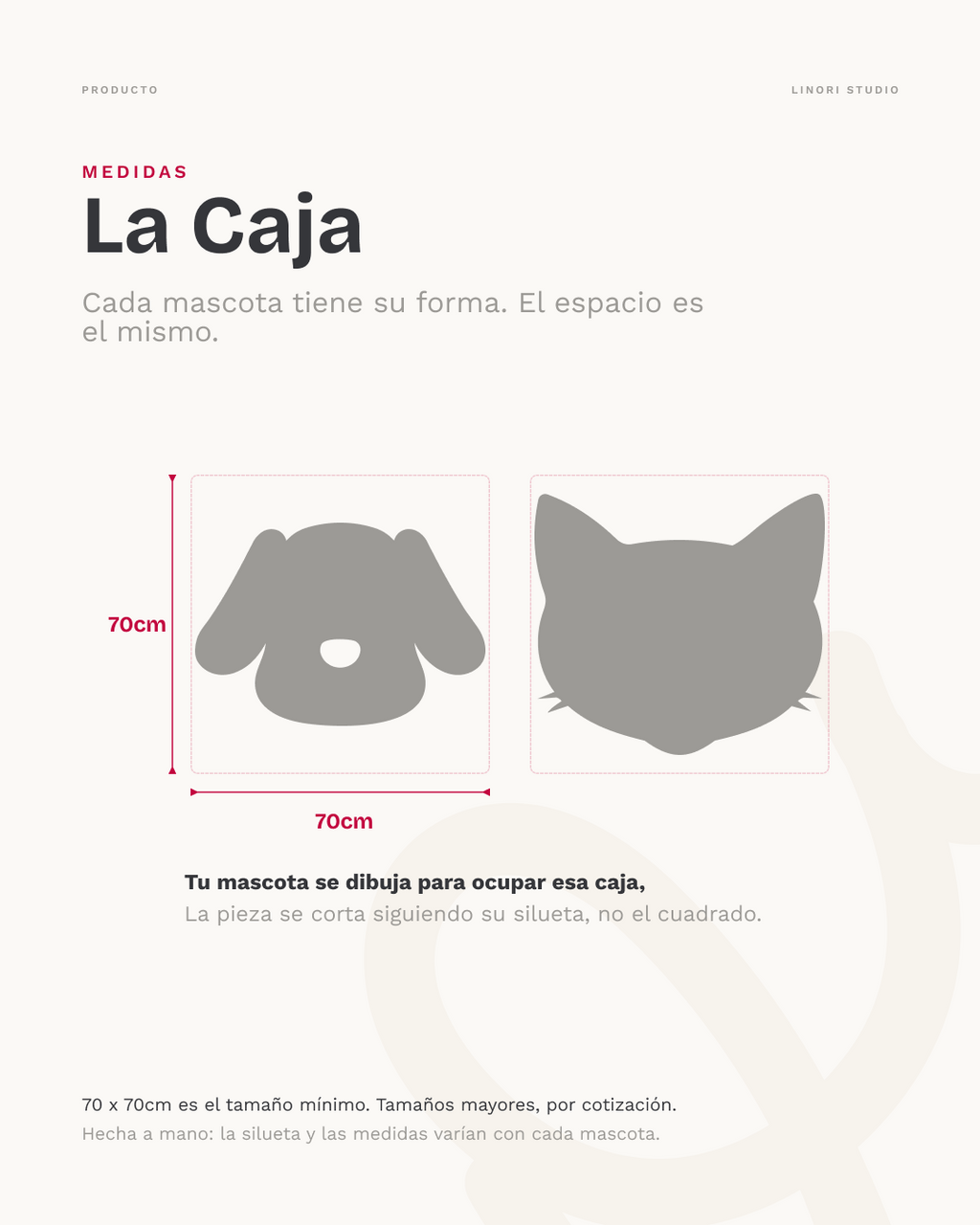 Guía de tamaño para retratos de mascotas y recomendaciones para preparar el pedido.